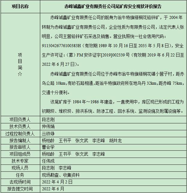 赤峰誠鑫礦業(yè)有限責(zé)任公司尾礦庫安全現(xiàn)狀評價(jià)報(bào)告