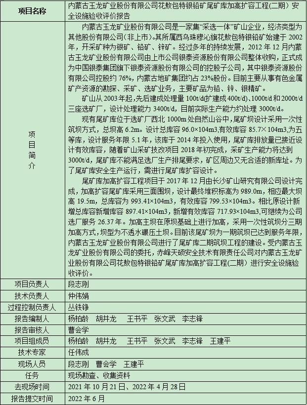 內(nèi)蒙古玉龍礦業(yè)股份有限公司花敖包特銀鉛礦尾礦庫加高擴(kuò)容工程(二期）安全設(shè)施驗收評價報告