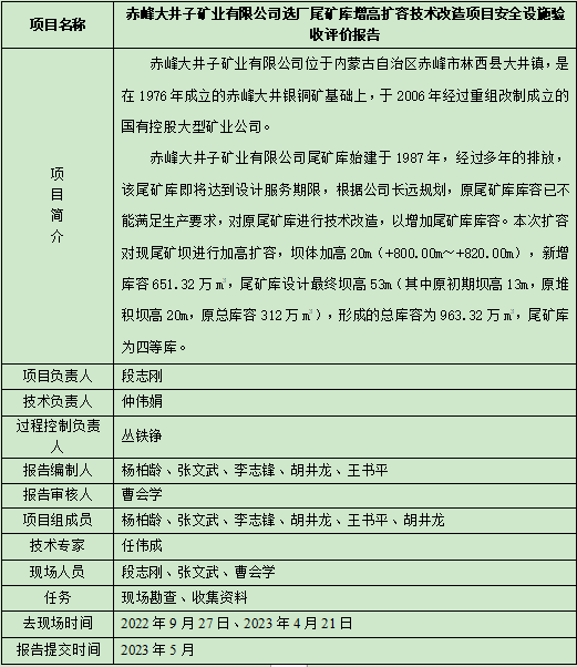 赤峰大井子礦業(yè)有限公司選廠尾礦庫增高擴(kuò)容技術(shù)改造項(xiàng)目安全設(shè)施驗(yàn)收評價報(bào)告